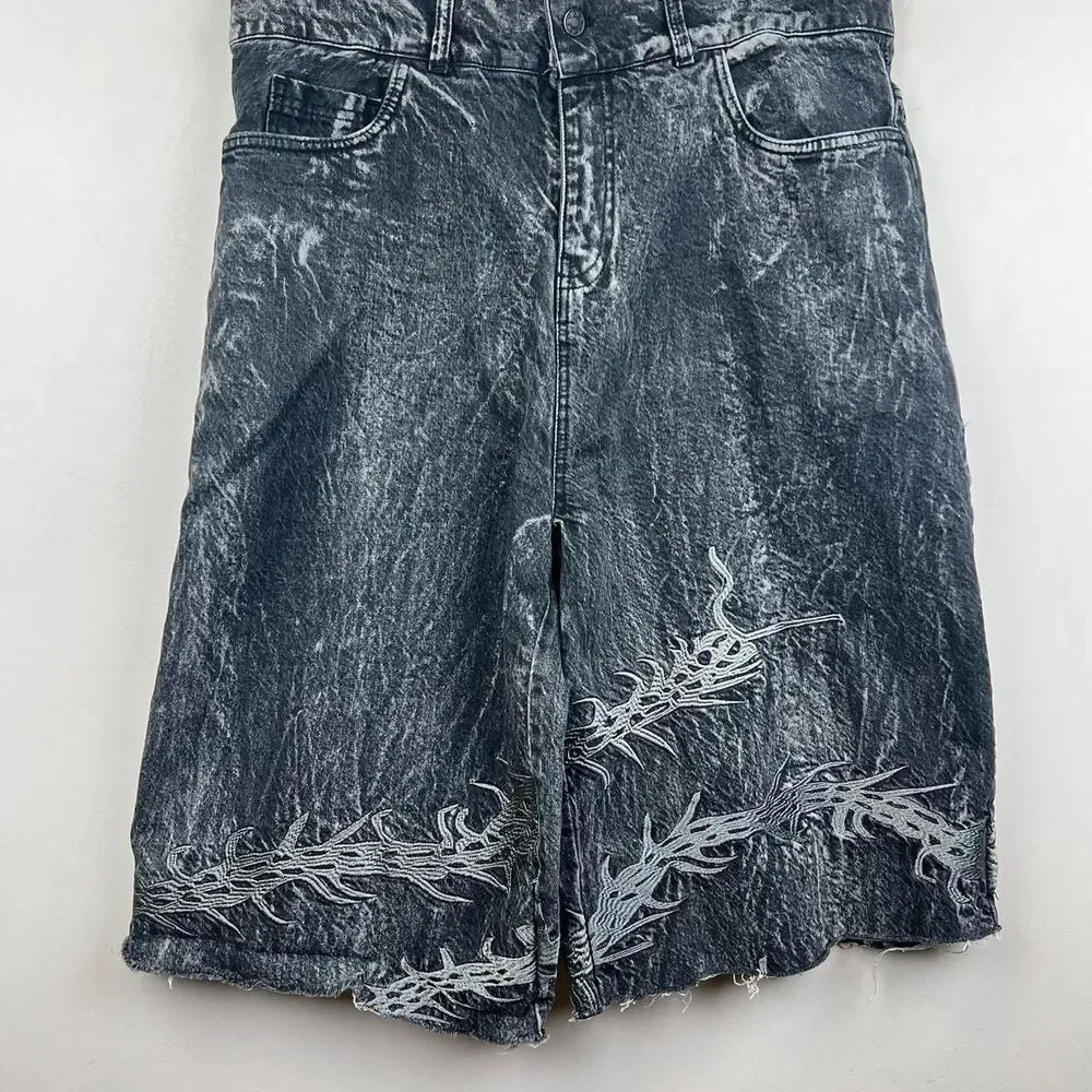 Y2K JNCO Style Black Denim Shorts With White Flame Design Size M